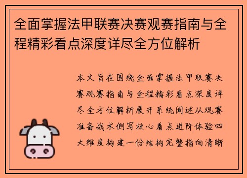 全面掌握法甲联赛决赛观赛指南与全程精彩看点深度详尽全方位解析
